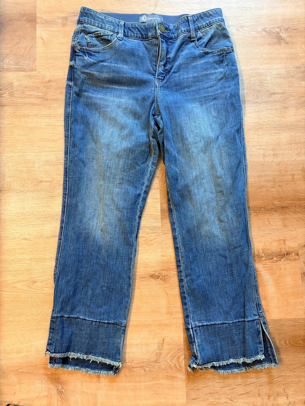 Democracy "Ab"solution Cropped Flare Jeans Women's Size 10 Blue Fray Hem Slit